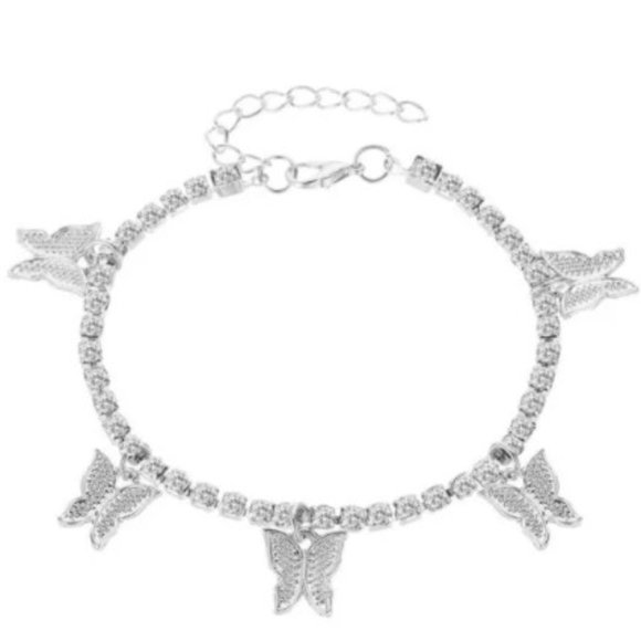 Butterflies Silver Rhinestone Ankle Bracelet - Picture 3 of 6